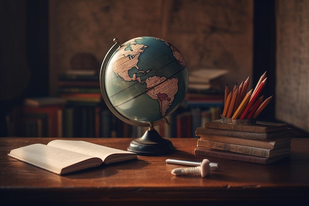 A globe on a desk with books and pencils on it