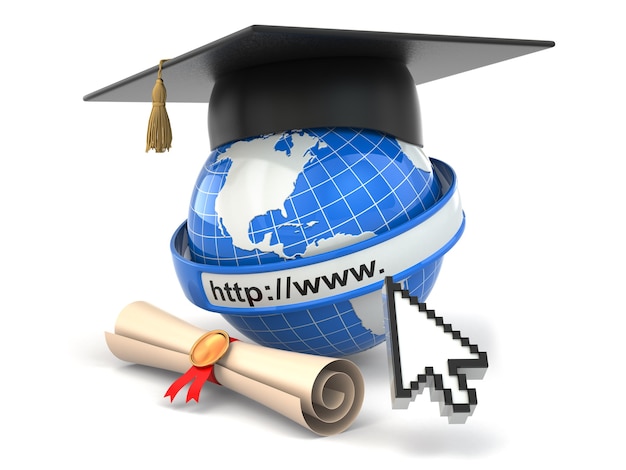 Globe diploma and mortar board Interner browser 3d