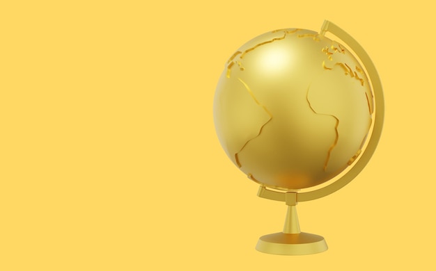 Globe Earth on a stand Minimalist cartoonGold icon on yellow background with space for text 3D rendering