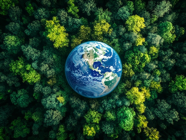 Photo a globe of earth surrounded by a lush green forest from an aerial view