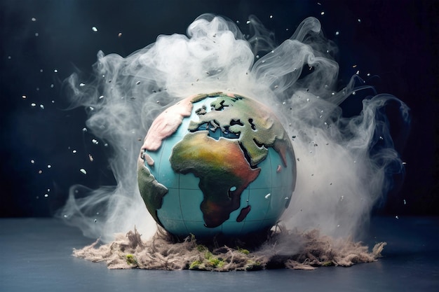 A globe engulfed in smoke and debris symbolizes the devastating consequences of an environmental catastrophe on our planet