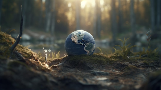 A globe in the forest with a forest in the background