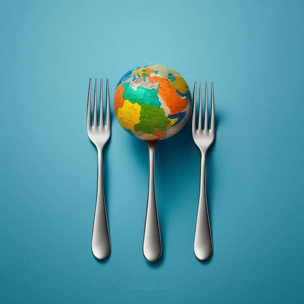 A globe and fork are placed on a blue background with the word " world " on the bottom.