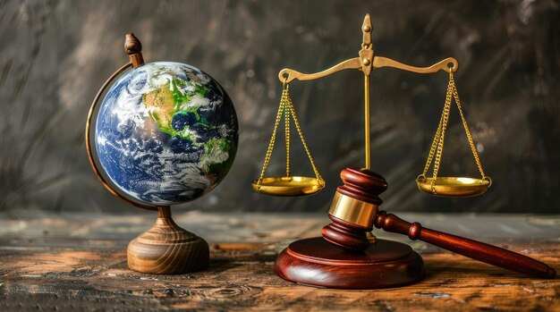 Photo globe gavel and scales of justice symbolize global law fairness