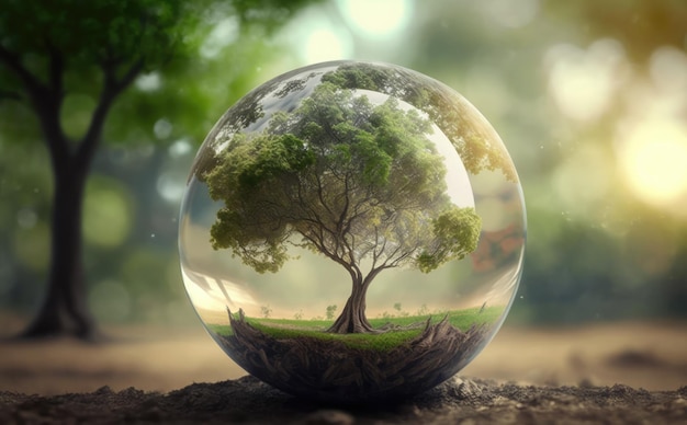 Globe Glass In Green Forest Environment Concept with tree nature and earth day concept background