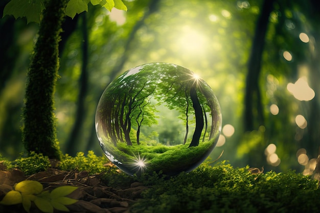 Globe Glass in a Green Forest with Sunlight An Environmental Concept