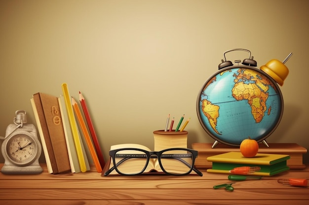 A globe and glasses on a desk with a book and a globe on it