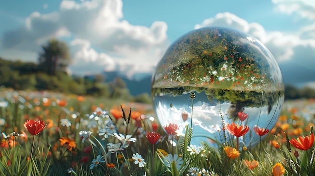 Globe in the grass with flowers and blue sky Generative AI illustrations