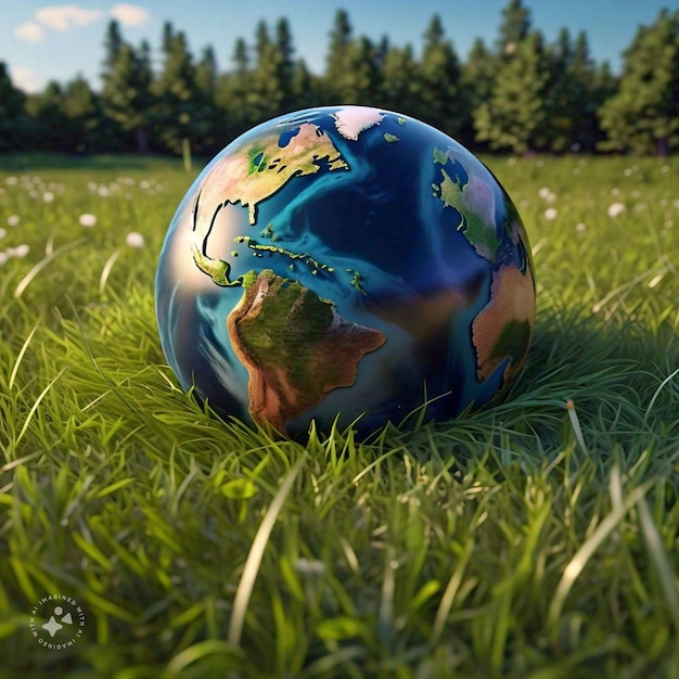 a globe in the grass with a picture of a forest in the background