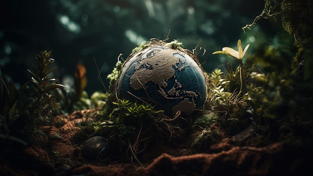 A globe in the grass with the world on it