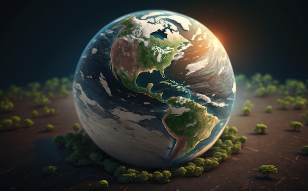 Globe in Green Forest Environment Concept with tree nature and earth day concept background