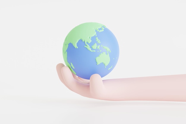 Globe icon on cartoon hand. The concept of connecting businesses around the world. 3D rendering.