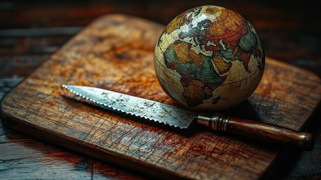 Photo a globe and knife on a wooden cutting board symbolizing culinary exploration