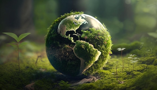 Globe On Moss In Forest Environmental Earth day concept Generative AI