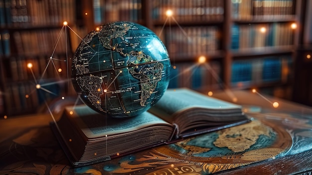 Photo globe on an open book in a library