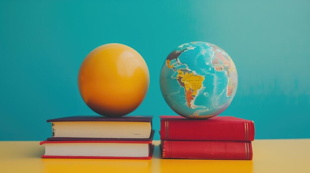 Globe and orange ball on stack of books against blue background