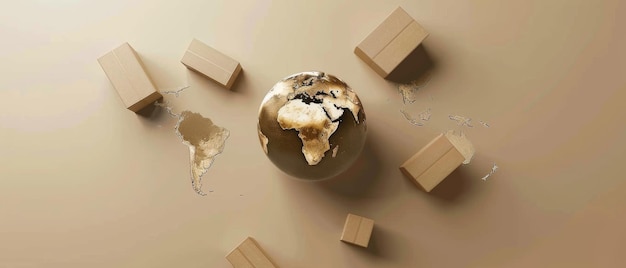 A globe placed atop stacked cardboard boxes with more boxes in the background symbolizing international logistics and global connections