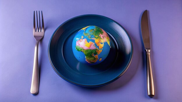 Photo globe on plate with fork and knife light background 4k hd photo for world food day