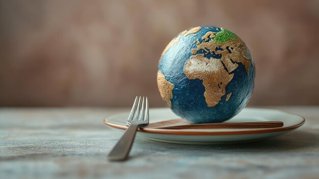 Photo globe on a plate with fork and knife on light background world food day concept wallpaper for global awareness and sustainability