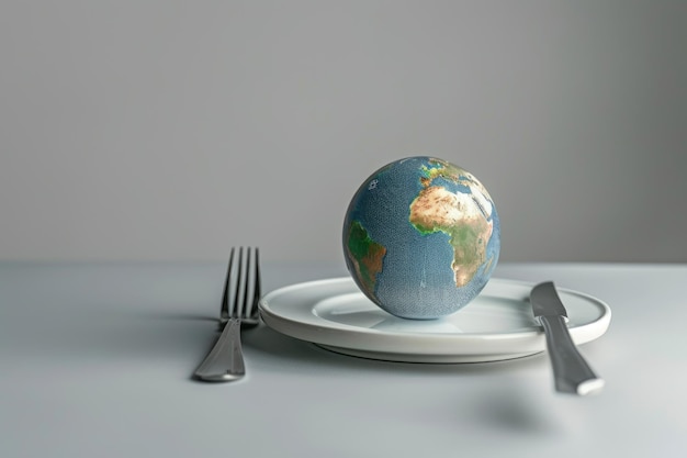 Globe on Plate with Fork and Knife World Food Day Concept