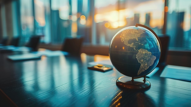 Globe on polished table in room with cityscape view during sunset