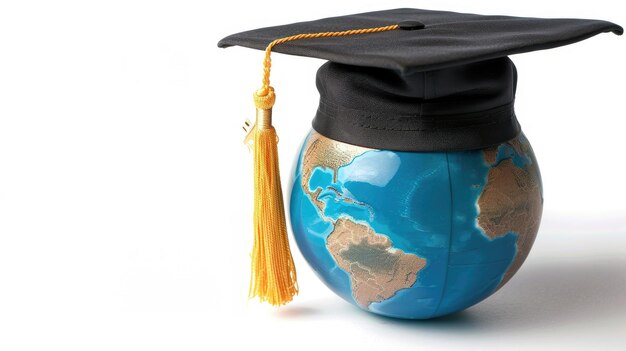 A globe proudly dons a graduation cap against a bright sky symbolizing global education and achievement