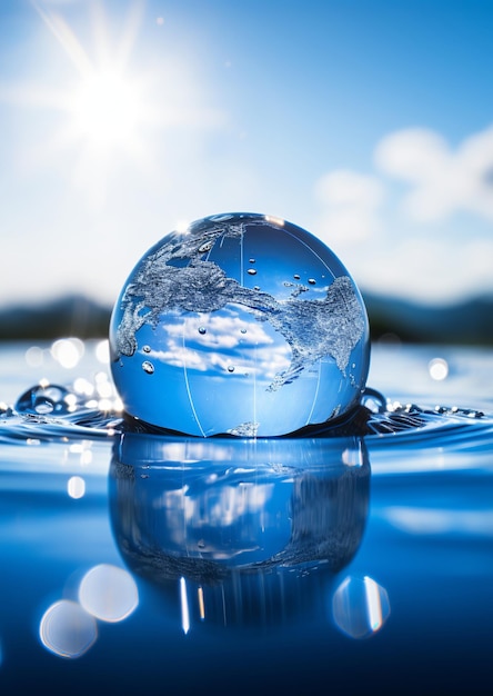 A globe in the shape of a drop of water falling on blue sea background drop of water on the background of the city blue color water drop with earth World Water Day World water day