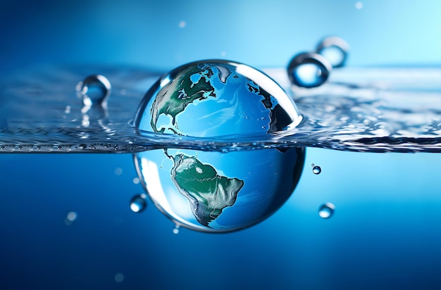 A globe in the shape of a drop of water falling on blue sea background Earth inside the dripping water drop Water splash with earth planet water drop with earth World Water Day World water day