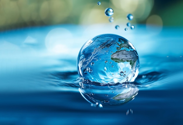 A globe in the shape of a drop of water falling on blue sea background World Water Day concept with world in clean water drop on and fresh blue water ripples design water drop with earth