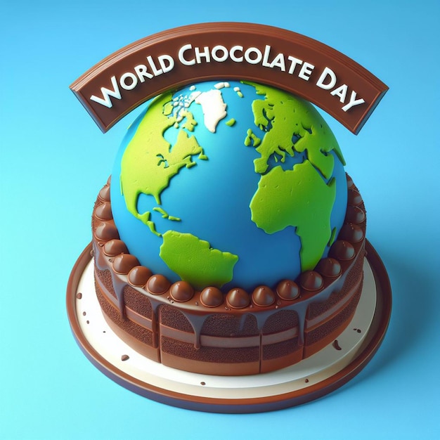 a globe shaped cake with a banner that says world chocolate day on it