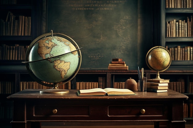 a globe sits on a desk with a book titled world map