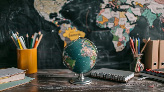 Photo a globe sits on a desk with a pen and a pen