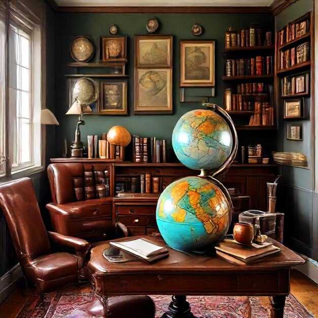 Photo a globe sits on a table in a room with a globe on top of it