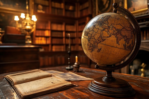 Photo a globe sits on a table with a book titled world