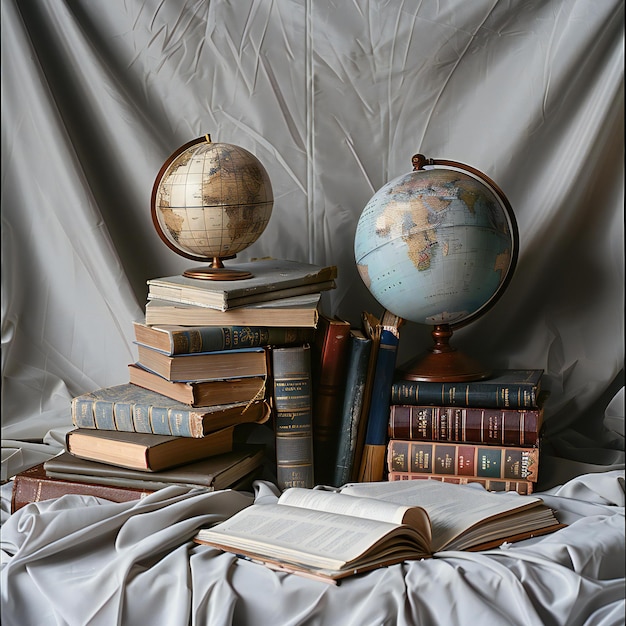 a globe sits on top of a pile of books and a book with a globe on top