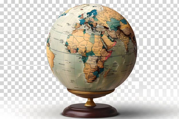 Photo a globe sits on a wooden stand the globe is a large round object with a variety of colors and markings the stand is made of wood and is placed on a white background