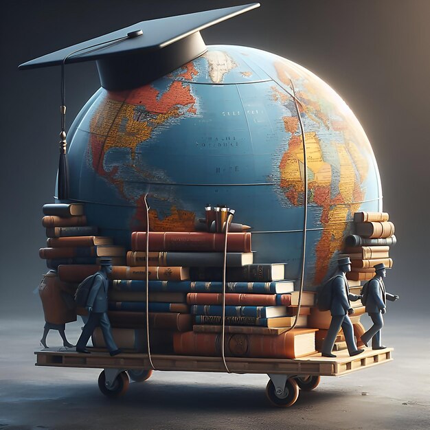 a globe sitting on top of a cart filled with books a symbol of the pursuit of knowledge about world