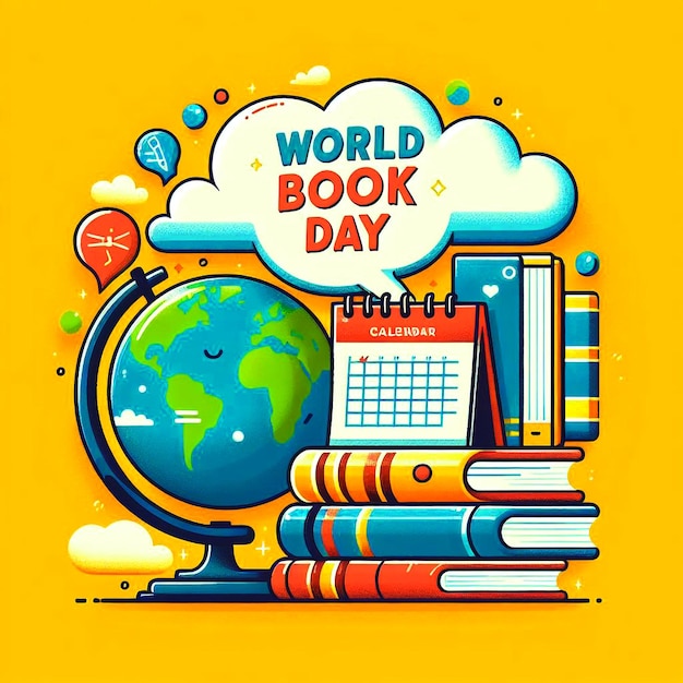 A globe a stack of books and a calendar on a yellow background with WORLD BOOK DAY social media post