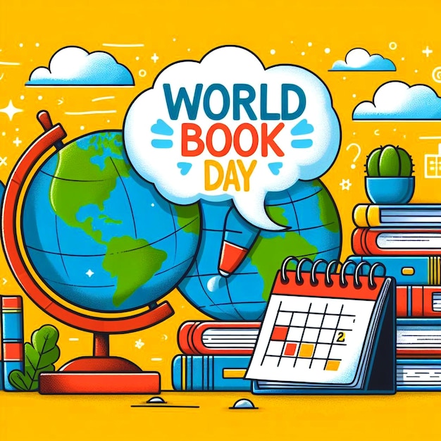 A globe a stack of books and a calendar on a yellow background with WORLD BOOK DAY social media post