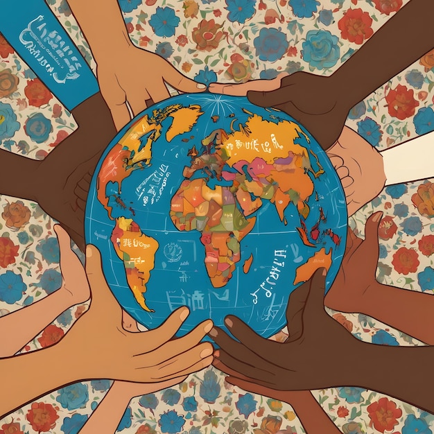 A globe surrounded by friends of different cultures holding hands