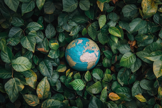 a globe surrounded by leaves of green leaves