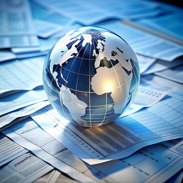 Photo globe surrounded by tax forms and financial statements symbolizing global taxation