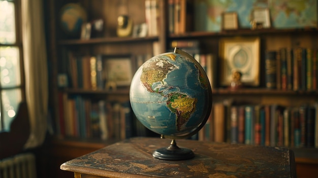 Globe on table bookcase in background