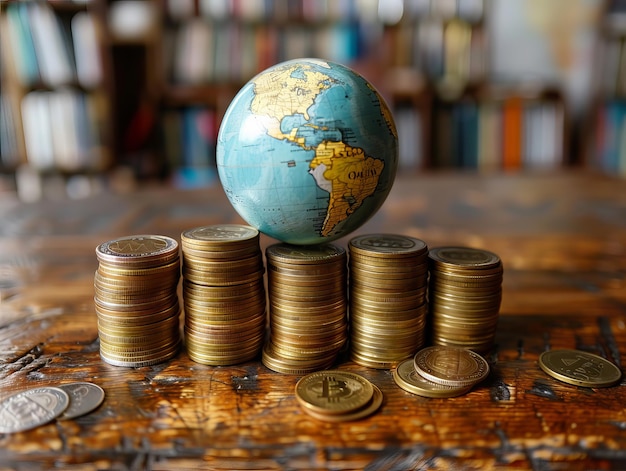 Photo a globe on a table with a globe on it and a globe of coins