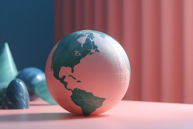 A globe on a table with a pink curtain in the background.