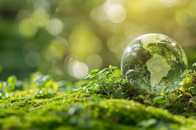 a globe of trees in the forest with moss background for an environment and ecology concept