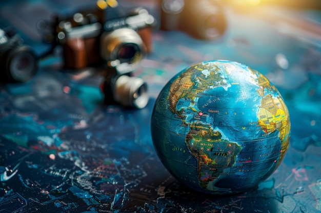 Globe and Vintage Cameras on World Map