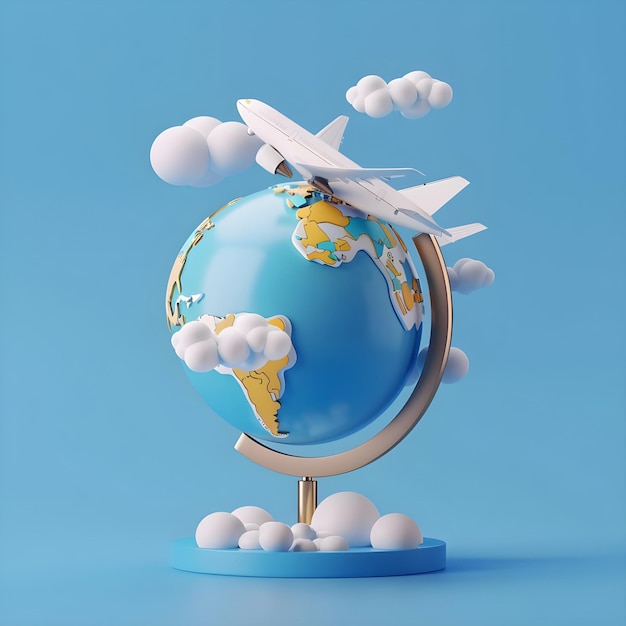 A globe with an airplane clouds world tour 3D illustration