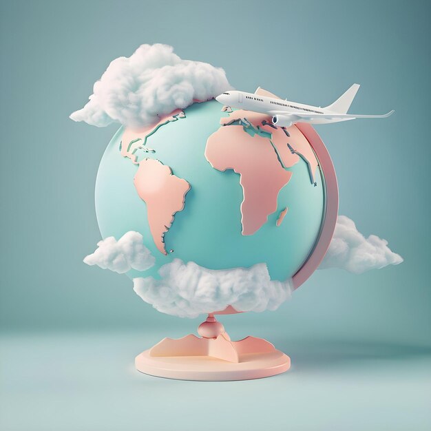 A globe with an airplane clouds world tour 3D illustration