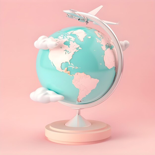 A globe with an airplane clouds world tour 3D illustration